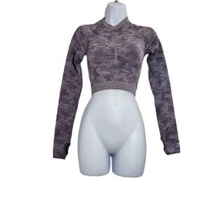 Gymshark Womens Purple Crop Top Size XS Flex Sports Long Sleeve Workout Keyhole